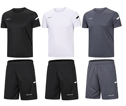 BUYJYA Men's Workout Wear Sports Shorts Shirt Set 3 Pack for Basketball Football Workout Training Running Gym