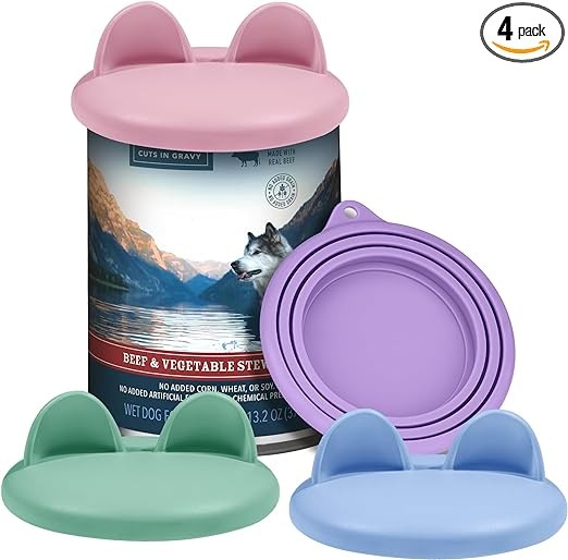 ZooZoo Reusable Food Can Lid Set, Cute Cat-Ear Pet Food Can Lids, (3, 6, 14oz etc.) Universal 1 Fit 3 Standard Size Can Silicone Covers for Cat Dog & Human Can Food, BPA-Free & Dishwasher-Safe, 4 Pack