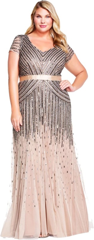 Adrianna Papell Evening Child Code Women's Plus Size Floor Length Beaded Cap Sleeve V-Neck Dress